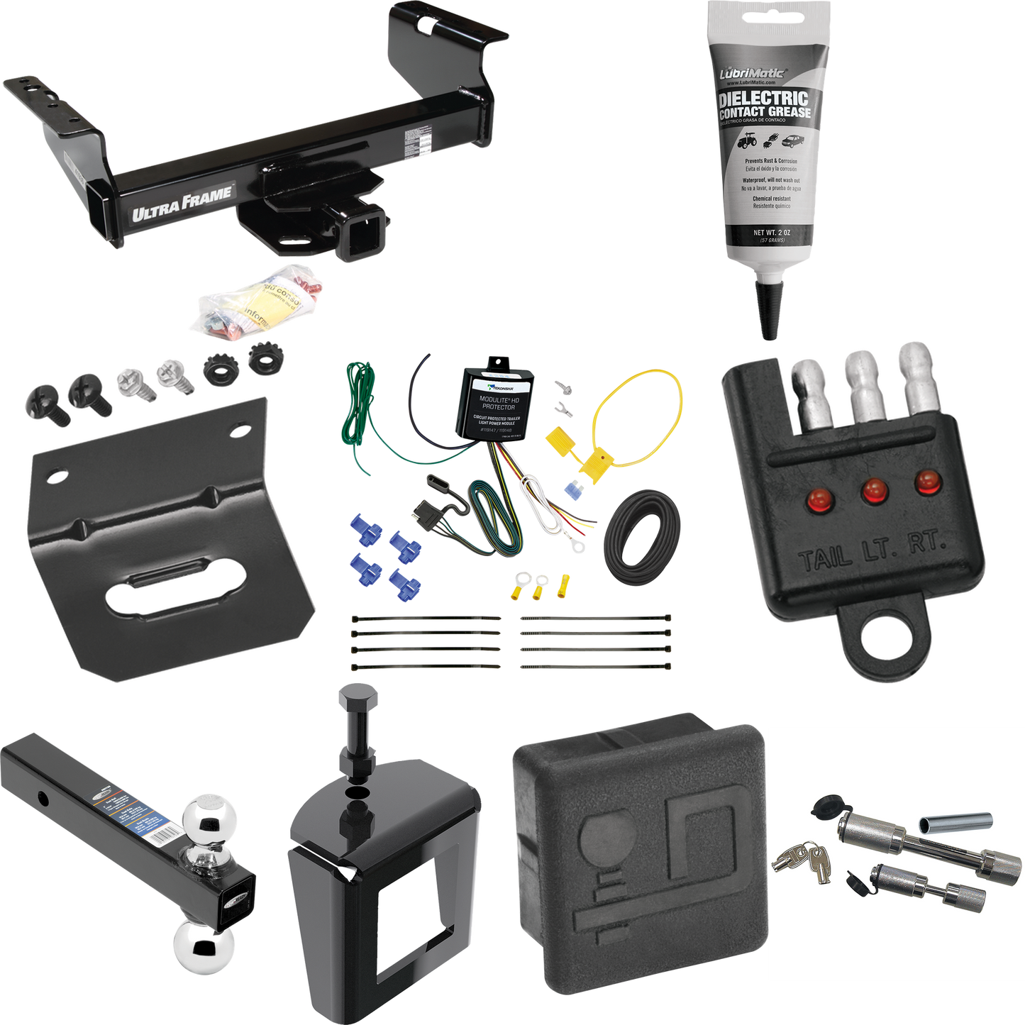 Fits 2007-2010 Dodge Ram 3500 Trailer Hitch Tow PKG w/ 4-Flat Wiring Harness + Dual Ball Ball Mount 2" & 2-5/16" Trailer Balls + Dual Hitch & Coupler Locks + Hitch Cover + Wiring Bracket + Wiring Tester + Electric Grease + Anti Rattle Device (For Cab