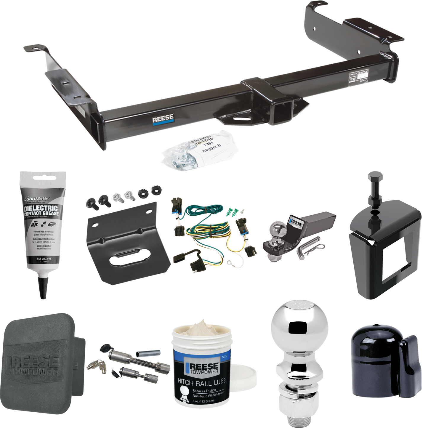 Fits 2003-2023 Chevrolet Express 2500 Trailer Hitch Tow PKG w/ 4-Flat Wiring + Starter Kit Ball Mount w/ 2" Drop & 2" Ball + 2-5/16" Ball + Wiring Bracket + Dual Hitch & Coupler Locks + Hitch Cover + Wiring Tester + Ball Lube +Electric Grease + Ball