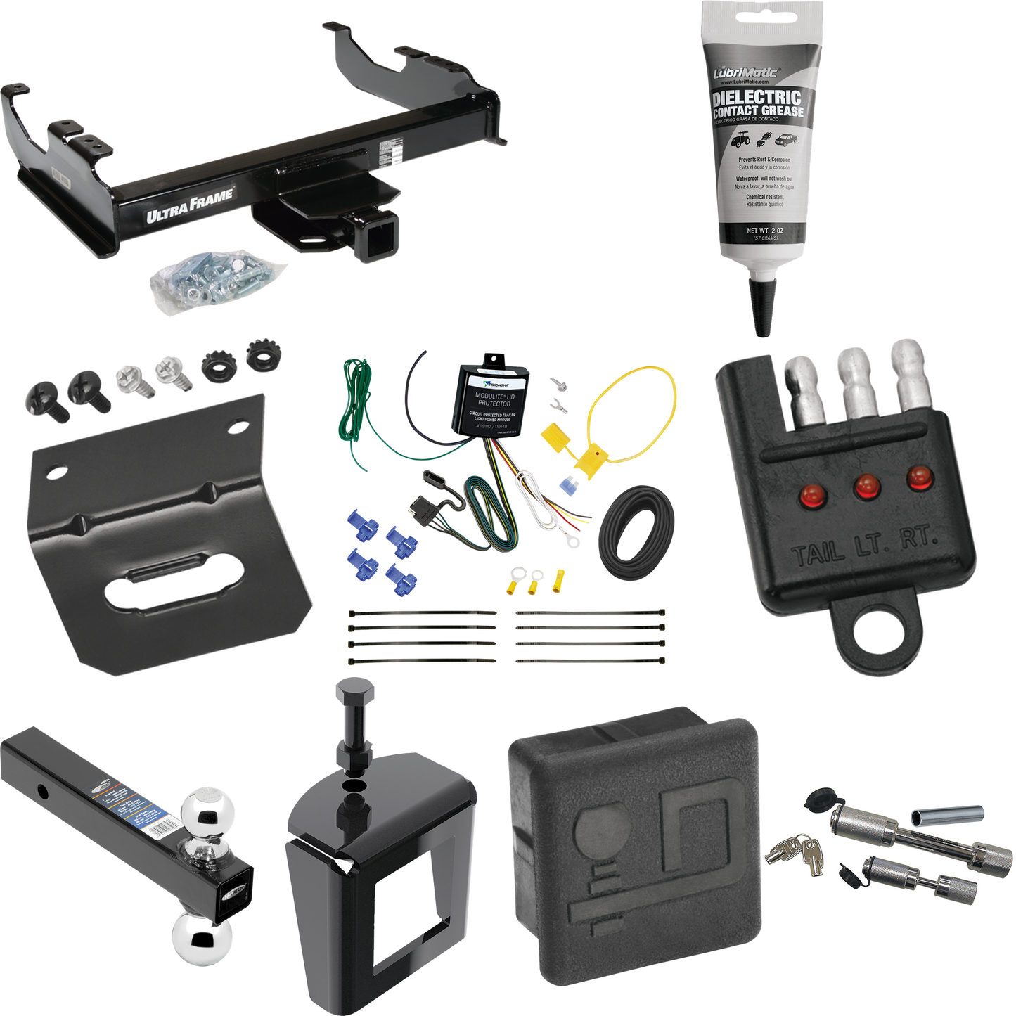 Fits 2007-2023 GMC Sierra 3500 HD Trailer Hitch Tow PKG w/ 4-Flat Wiring Harness + Dual Ball Ball Mount 2" & 2-5/16" Trailer Balls + Dual Hitch & Coupler Locks + Hitch Cover + Wiring Bracket + Wiring Tester + Electric Grease + Anti Rattle Device (For