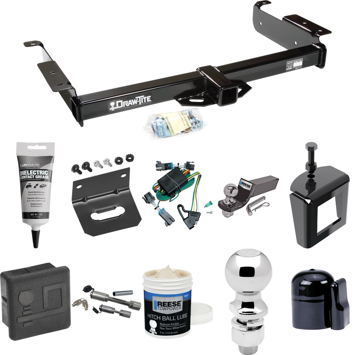 Fits 2000-2002 GMC Savana 1500 Trailer Hitch Tow PKG w/ 4-Flat Wiring + Starter Kit Ball Mount w/ 2" Drop & 2" Ball + 2-5/16" Ball + Wiring Bracket + Dual Hitch & Coupler Locks + Hitch Cover + Wiring Tester + Ball Lube +Electric Grease + Ball Wrench