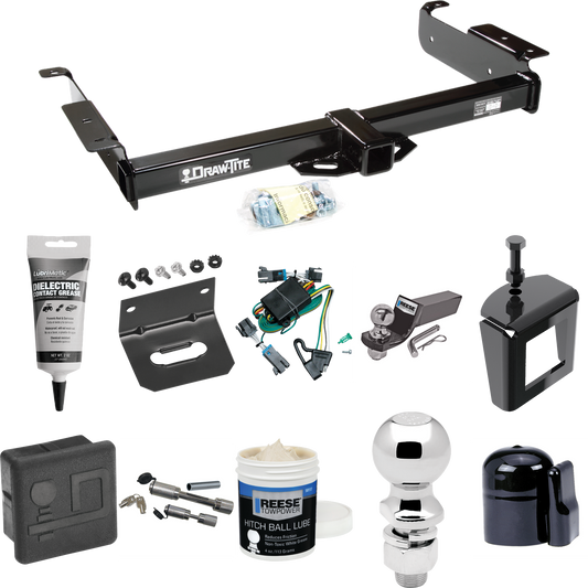 Fits 2000-2002 GMC Savana 1500 Trailer Hitch Tow PKG w/ 4-Flat Wiring + Starter Kit Ball Mount w/ 2" Drop & 2" Ball + 2-5/16" Ball + Wiring Bracket + Dual Hitch & Coupler Locks + Hitch Cover + Wiring Tester + Ball Lube +Electric Grease + Ball Wrench