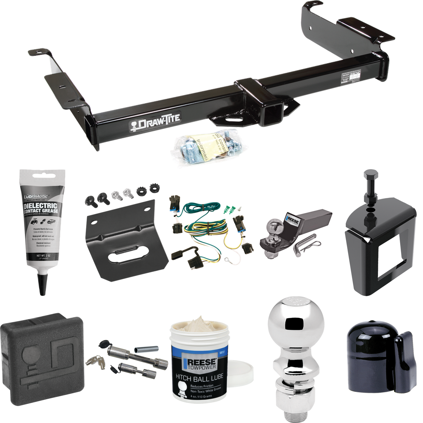 Fits 2003-2023 Chevrolet Express 2500 Trailer Hitch Tow PKG w/ 4-Flat Wiring + Starter Kit Ball Mount w/ 2" Drop & 2" Ball + 2-5/16" Ball + Wiring Bracket + Dual Hitch & Coupler Locks + Hitch Cover + Wiring Tester + Ball Lube +Electric Grease + Ball