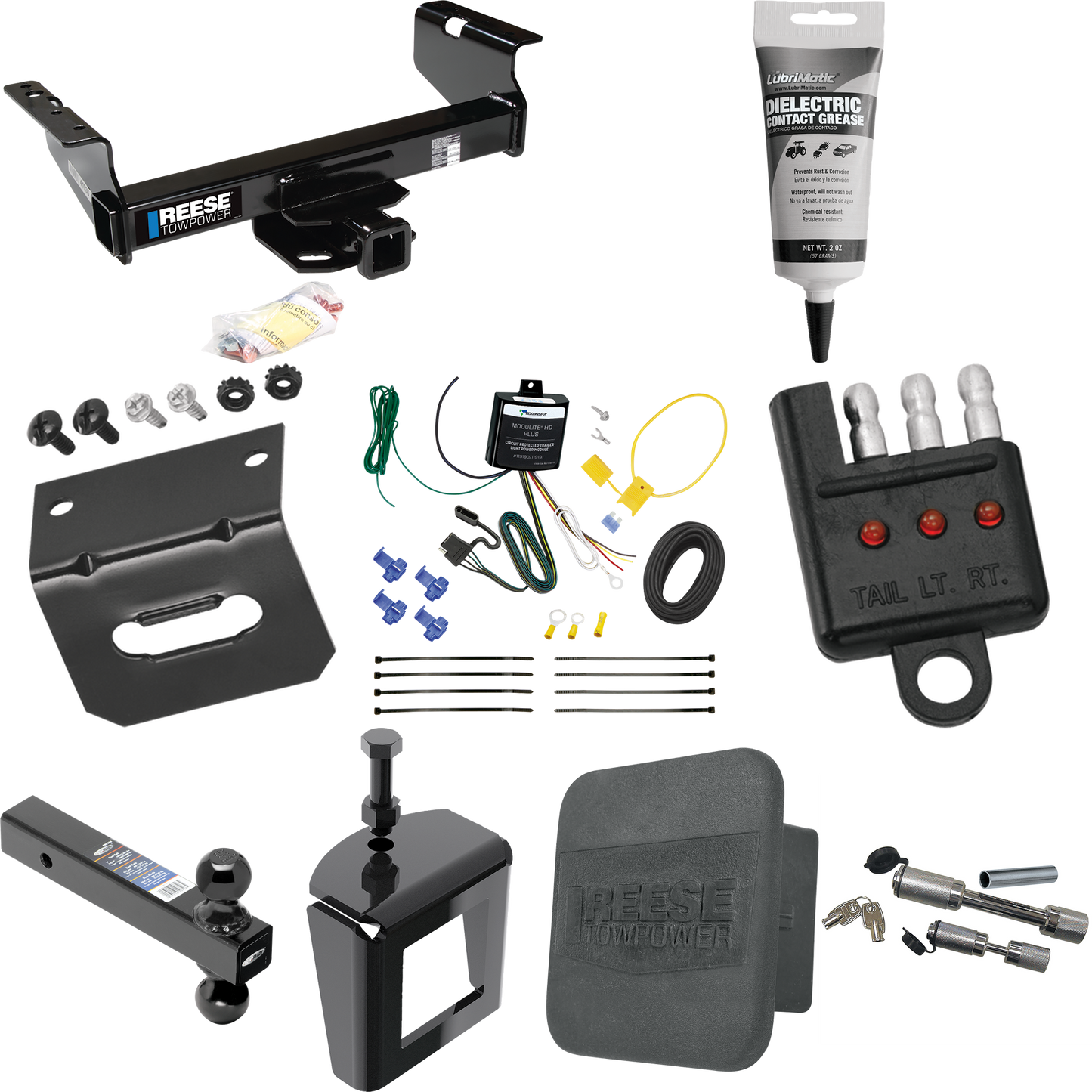 Fits 2007-2019 Chevrolet Silverado 3500 HD Trailer Hitch Tow PKG w/ 4-Flat Wiring Harness + Dual Ball Ball Mount 2" & 2-5/16" Trailer Balls + Dual Hitch & Coupler Locks + Hitch Cover + Wiring Bracket + Wiring Tester + Electric Grease + Anti Rattle De