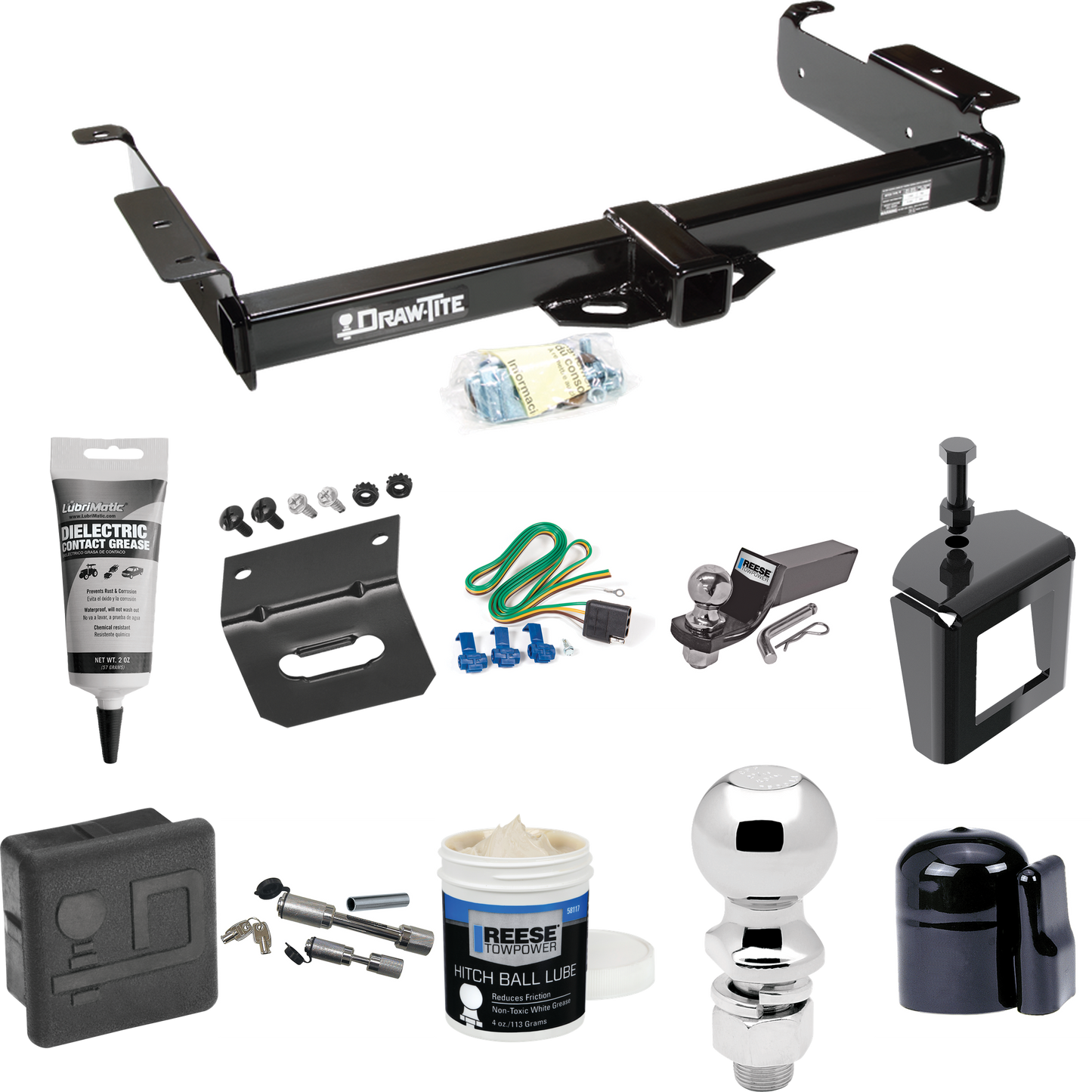 Fits 1996-1999 GMC Savana 3500 Trailer Hitch Tow PKG w/ 4-Flat Wiring + Starter Kit Ball Mount w/ 2" Drop & 2" Ball + 2-5/16" Ball + Wiring Bracket + Dual Hitch & Coupler Locks + Hitch Cover + Wiring Tester + Ball Lube +Electric Grease + Ball Wrench