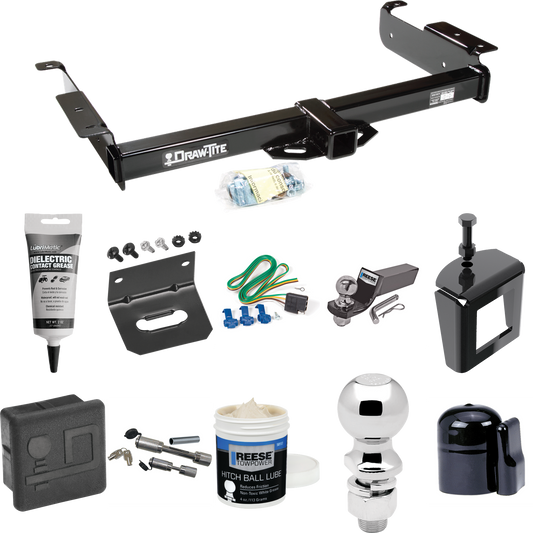 Fits 1996-1999 GMC Savana 3500 Trailer Hitch Tow PKG w/ 4-Flat Wiring + Starter Kit Ball Mount w/ 2" Drop & 2" Ball + 2-5/16" Ball + Wiring Bracket + Dual Hitch & Coupler Locks + Hitch Cover + Wiring Tester + Ball Lube +Electric Grease + Ball Wrench