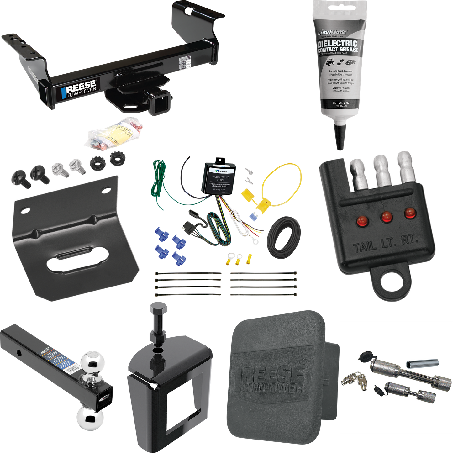 Fits 2007-2023 GMC Sierra 3500 HD Trailer Hitch Tow PKG w/ 4-Flat Wiring Harness + Dual Ball Ball Mount 2" & 2-5/16" Trailer Balls + Dual Hitch & Coupler Locks + Hitch Cover + Wiring Bracket + Wiring Tester + Electric Grease + Anti Rattle Device (For