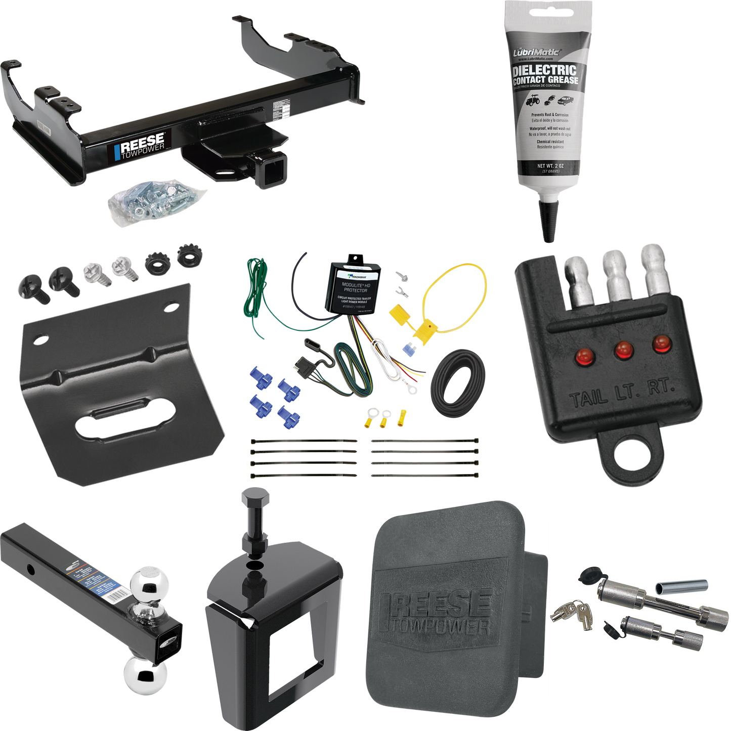 Fits 2007-2023 GMC Sierra 3500 HD Trailer Hitch Tow PKG w/ 4-Flat Wiring Harness + Dual Ball Ball Mount 2" & 2-5/16" Trailer Balls + Dual Hitch & Coupler Locks + Hitch Cover + Wiring Bracket + Wiring Tester + Electric Grease + Anti Rattle Device (For