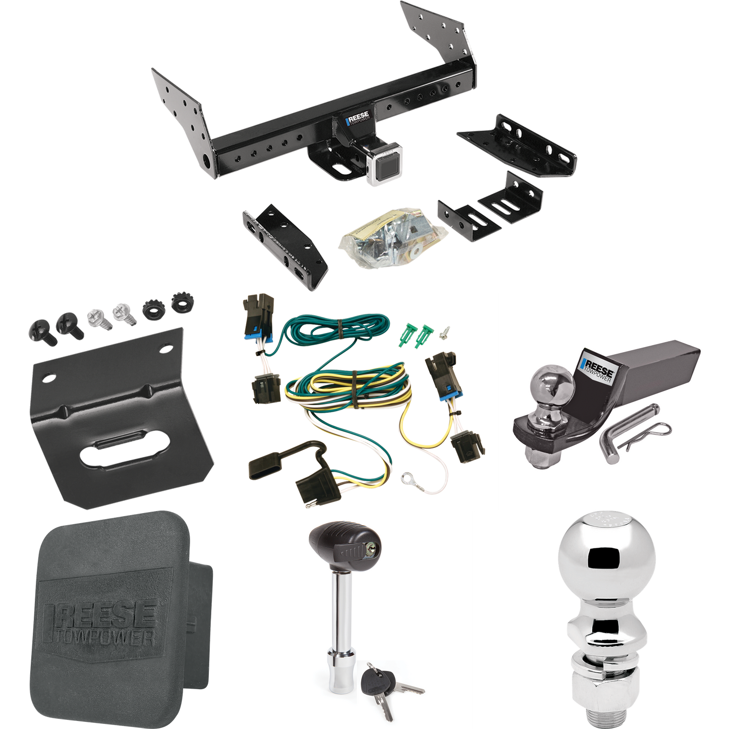 Fits 2003-2014 GMC Savana 1500 Trailer Hitch Tow PKG w/ 4-Flat Wiring + Starter Kit Ball Mount w/ 2" Drop & 2" Ball + 2-5/16" Ball + Wiring Bracket + Hitch Lock + Hitch Cover By Reese Towpower