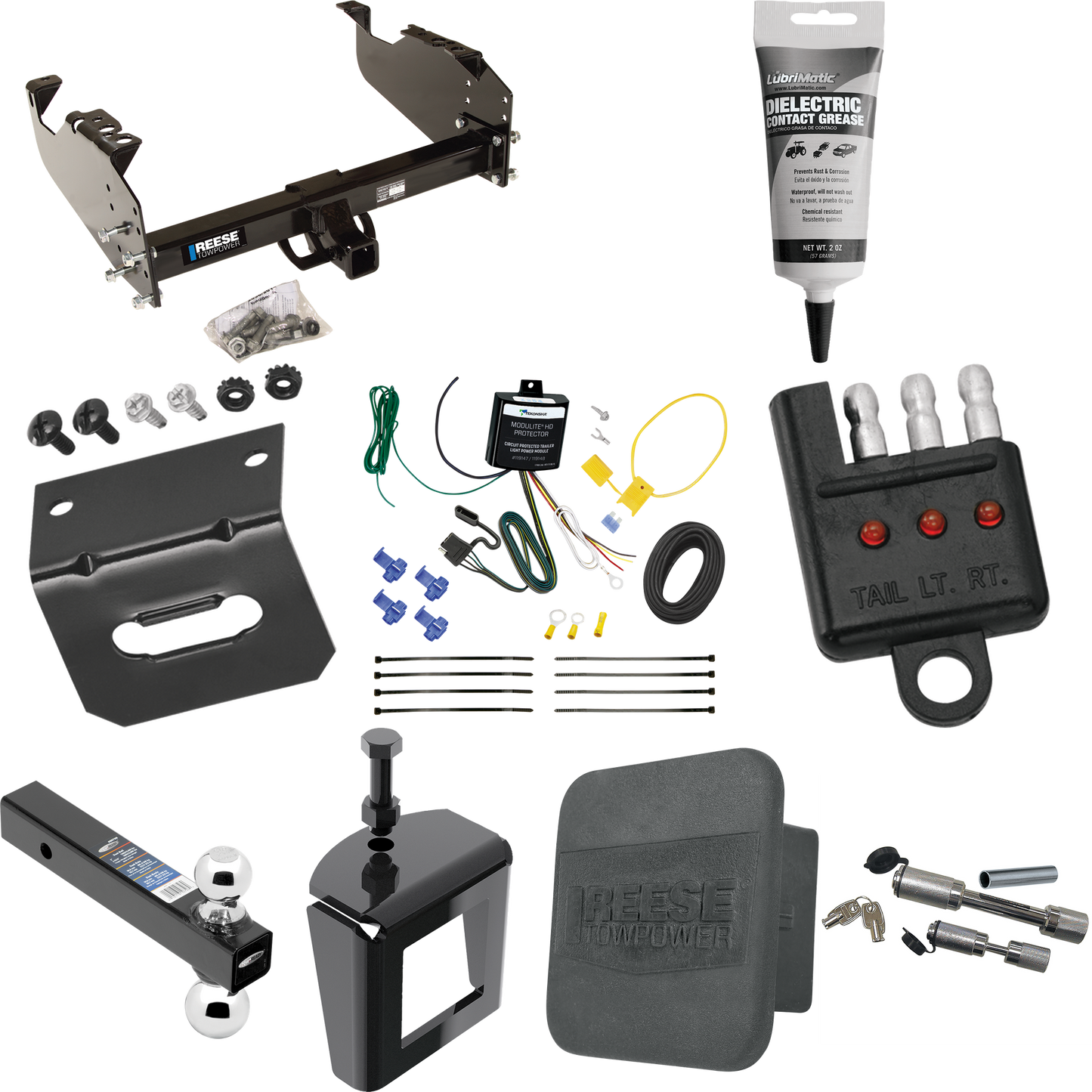 Fits 2007-2019 Chevrolet Silverado 3500 HD Trailer Hitch Tow PKG w/ 4-Flat Wiring Harness + Dual Ball Ball Mount 2" & 2-5/16" Trailer Balls + Dual Hitch & Coupler Locks + Hitch Cover + Wiring Bracket + Wiring Tester + Electric Grease + Anti Rattle De