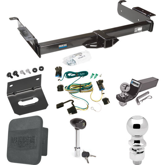 Fits 2003-2023 GMC Savana 3500 Trailer Hitch Tow PKG w/ 4-Flat Wiring + Starter Kit Ball Mount w/ 2" Drop & 2" Ball + 2-5/16" Ball + Wiring Bracket + Hitch Lock + Hitch Cover By Reese Towpower