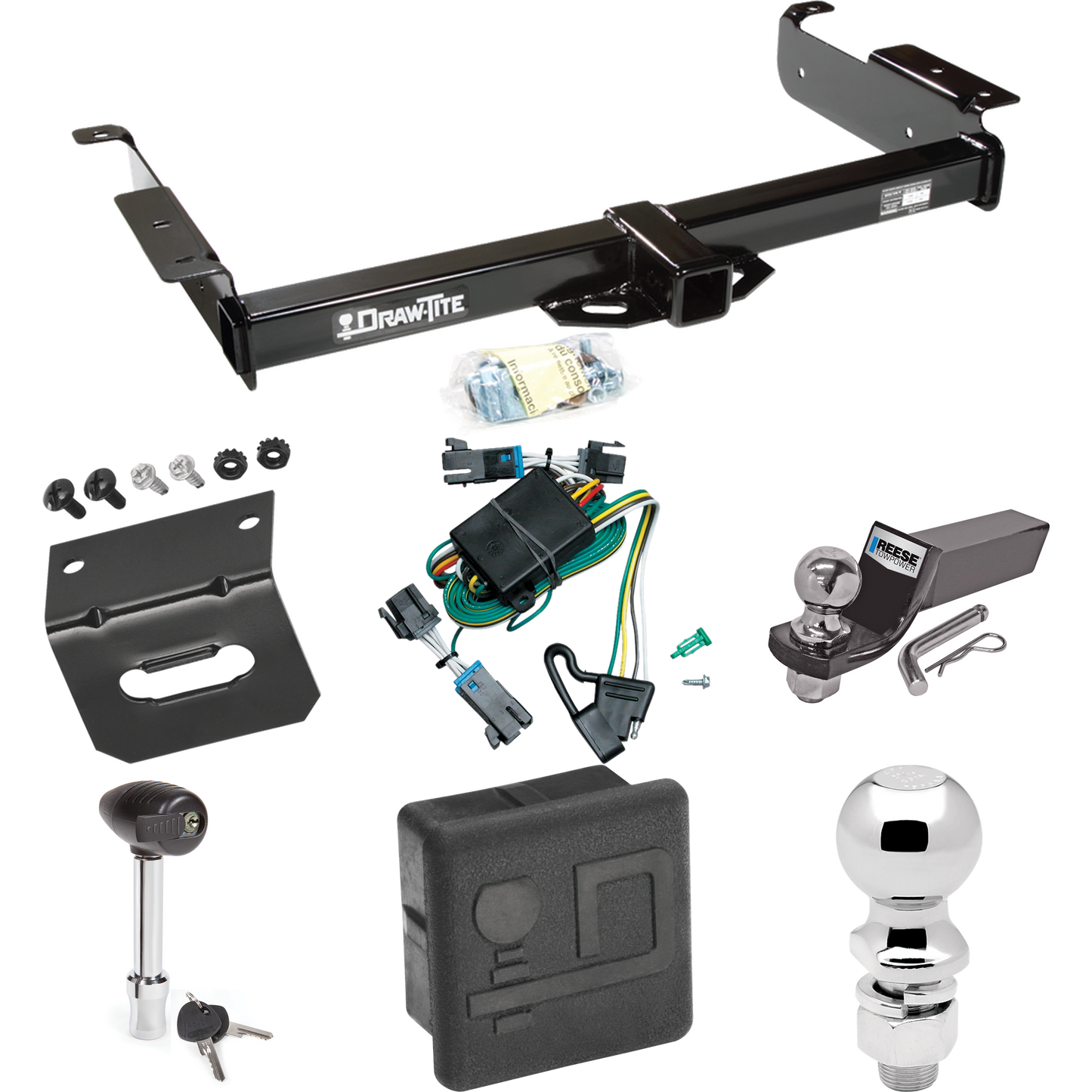 Fits 2000-2002 Chevrolet Express 3500 Trailer Hitch Tow PKG w/ 4-Flat Wiring + Starter Kit Ball Mount w/ 2" Drop & 2" Ball + 2-5/16" Ball + Wiring Bracket + Hitch Lock + Hitch Cover By Draw-Tite