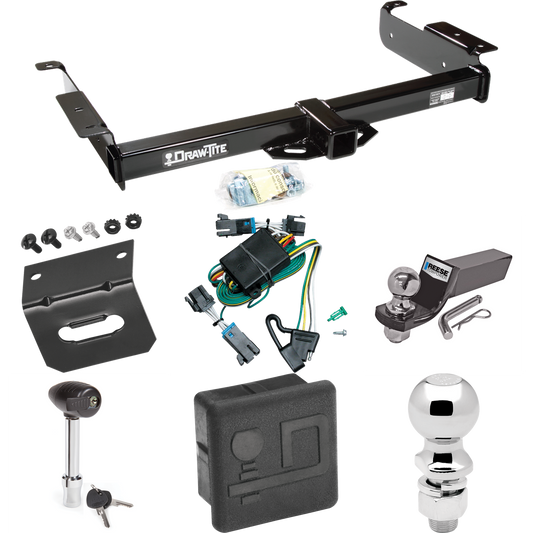 Fits 2000-2002 Chevrolet Express 3500 Trailer Hitch Tow PKG w/ 4-Flat Wiring + Starter Kit Ball Mount w/ 2" Drop & 2" Ball + 2-5/16" Ball + Wiring Bracket + Hitch Lock + Hitch Cover By Draw-Tite