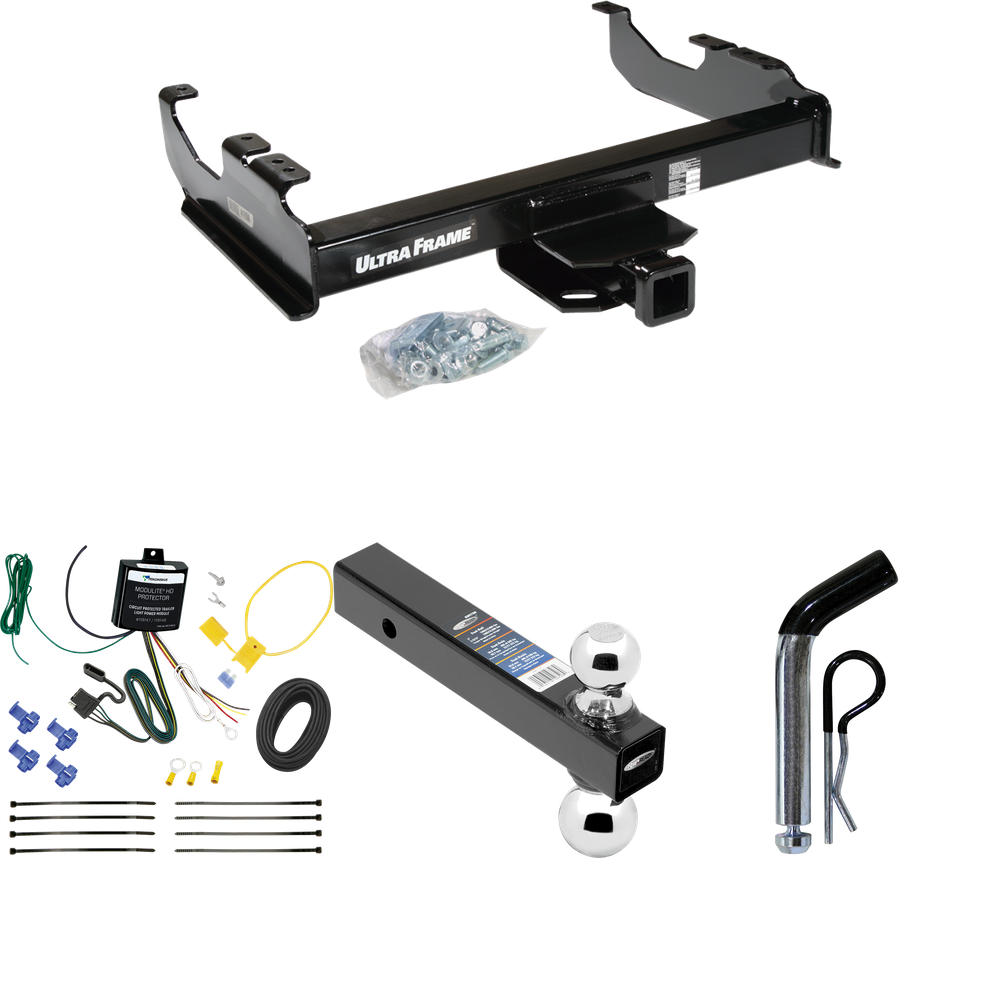 Fits 2007-2023 GMC Sierra 3500 HD Trailer Hitch Tow PKG w/ 4-Flat Wiring Harness + Dual Ball Ball Mount 2" & 2-5/16" Trailer Balls + Pin/Clip (For Cab & Chassis, w/34" Wide Frames Models) By Draw-Tite