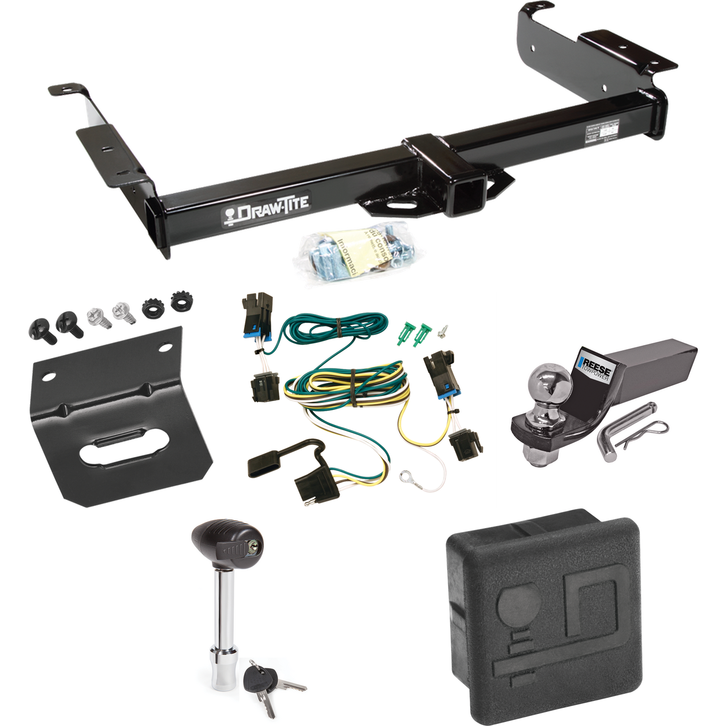 Fits 2003-2023 Chevrolet Express 2500 Trailer Hitch Tow PKG w/ 4-Flat Wiring + Starter Kit Ball Mount w/ 2" Drop & 2" Ball + Wiring Bracket + Hitch Lock + Hitch Cover By Draw-Tite