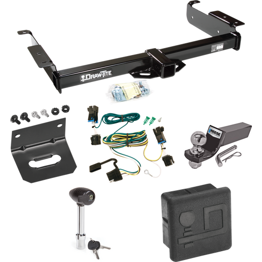 Fits 2003-2023 Chevrolet Express 2500 Trailer Hitch Tow PKG w/ 4-Flat Wiring + Starter Kit Ball Mount w/ 2" Drop & 2" Ball + Wiring Bracket + Hitch Lock + Hitch Cover By Draw-Tite