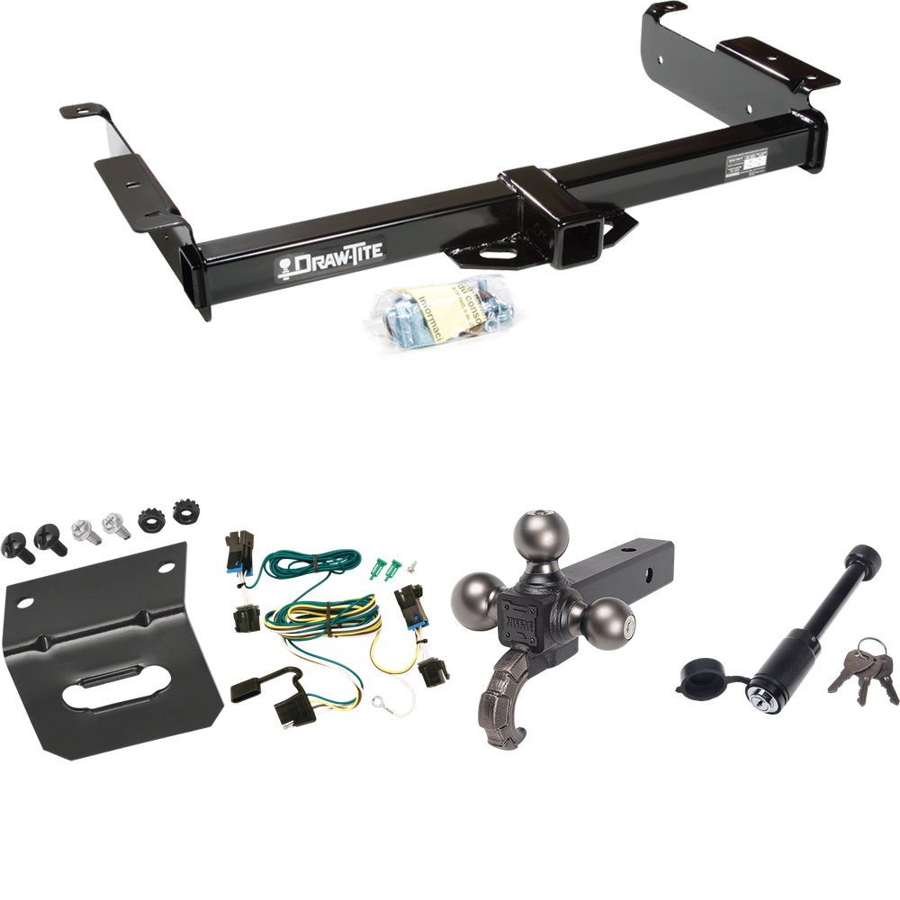 Fits 2003-2014 GMC Savana 1500 Trailer Hitch Tow PKG w/ 4-Flat Wiring + Triple Ball Tactical Ball Mount 1-7/8" & 2" & 2-5/16" Balls w/ Tow Hook + Tactical Dogbone Lock + Wiring Bracket By Draw-Tite