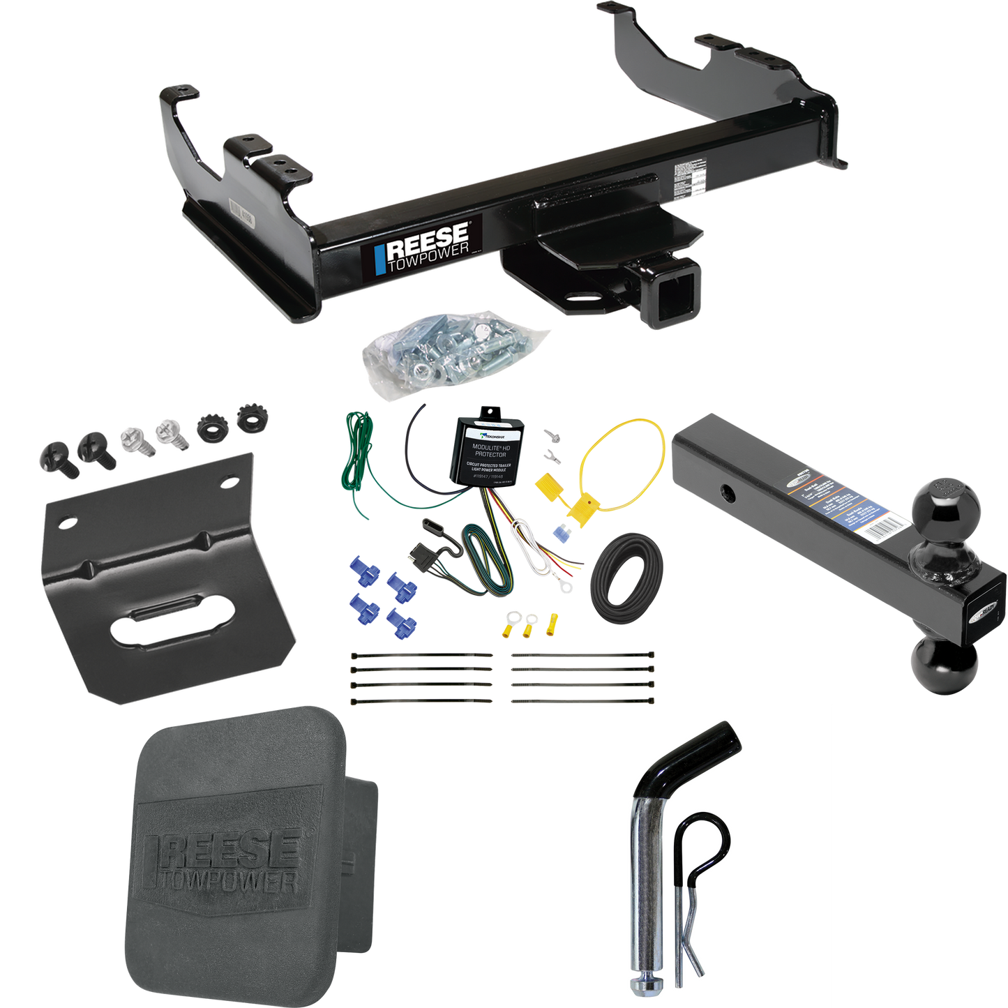 Fits 2007-2023 GMC Sierra 3500 HD Trailer Hitch Tow PKG w/ 4-Flat Wiring Harness + Dual Ball Ball Mount 2" & 2-5/16" Trailer Balls + Pin/Clip + Hitch Cover + Wiring Bracket (For Cab & Chassis, w/34" Wide Frames Models) By Reese Towpower