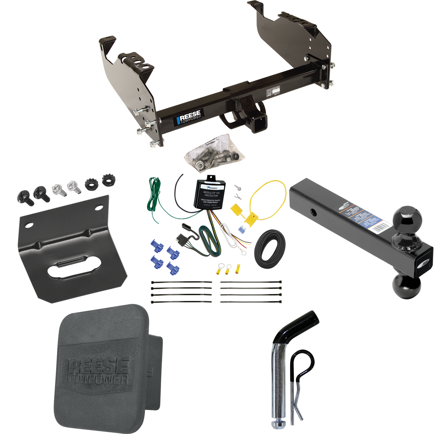 Fits 2007-2023 GMC Sierra 3500 HD Trailer Hitch Tow PKG w/ 4-Flat Wiring Harness + Dual Ball Ball Mount 2" & 2-5/16" Trailer Balls + Pin/Clip + Hitch Cover + Wiring Bracket (For Cab & Chassis, w/34" Wide Frames Models) By Reese Towpower