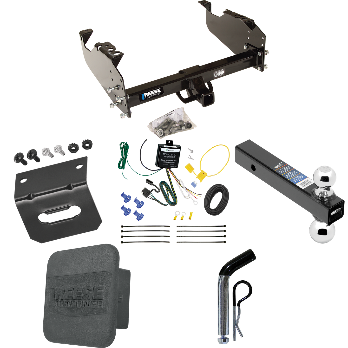 Fits 2007-2023 GMC Sierra 3500 HD Trailer Hitch Tow PKG w/ 4-Flat Wiring Harness + Dual Ball Ball Mount 2" & 2-5/16" Trailer Balls + Pin/Clip + Hitch Cover + Wiring Bracket (For Cab & Chassis, w/34" Wide Frames Models) By Reese Towpower