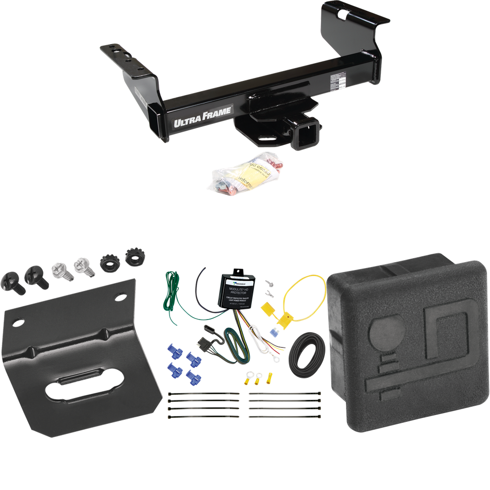 Fits 2007-2024 GMC Sierra 3500 HD Trailer Hitch Tow PKG w/ 4-Flat Wiring Harness + Hitch Cover + Wiring Bracket (For Cab & Chassis, w/34" Wide Frames Models) By Draw-Tite