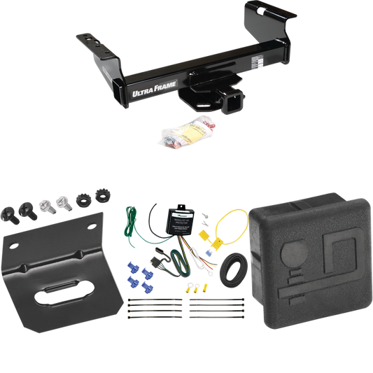 Fits 2007-2024 GMC Sierra 3500 HD Trailer Hitch Tow PKG w/ 4-Flat Wiring Harness + Hitch Cover + Wiring Bracket (For Cab & Chassis, w/34" Wide Frames Models) By Draw-Tite