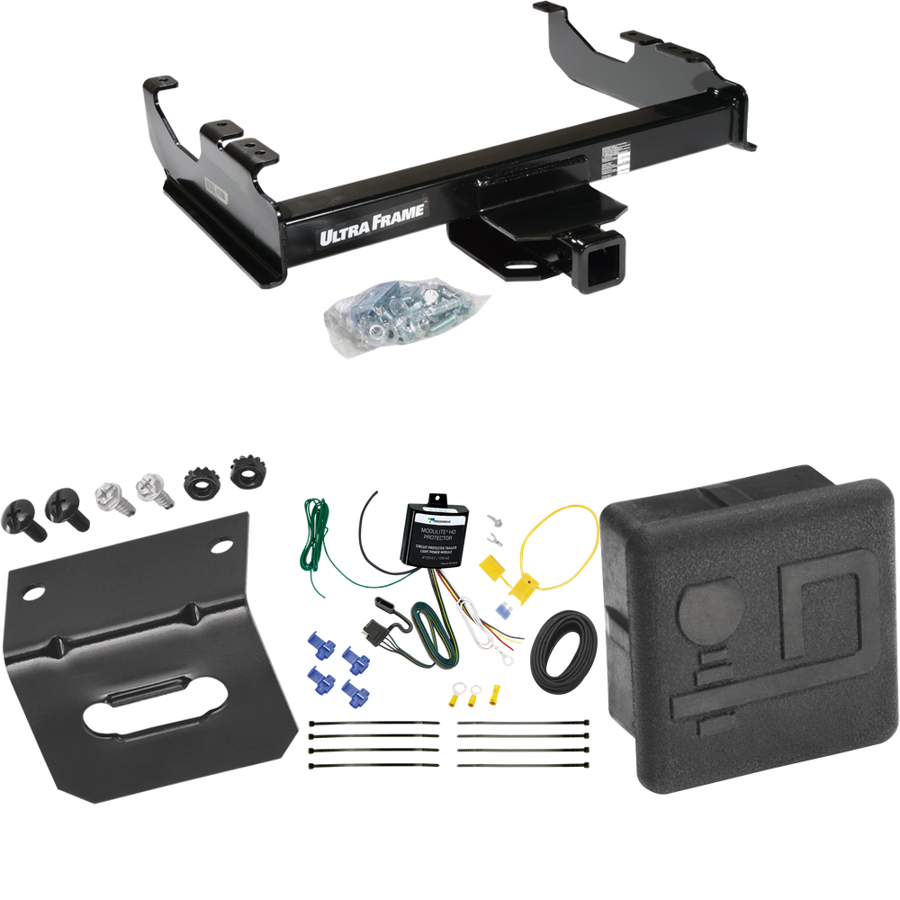 Fits 2007-2023 GMC Sierra 3500 HD Trailer Hitch Tow PKG w/ 4-Flat Wiring Harness + Hitch Cover + Wiring Bracket (For Cab & Chassis, w/34" Wide Frames Models) By Draw-Tite