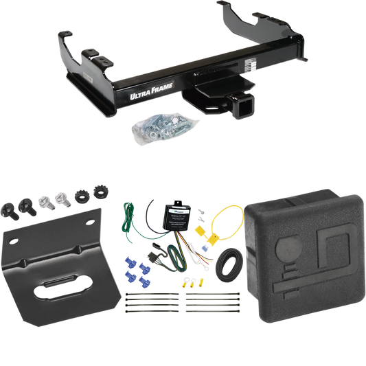 Fits 2007-2023 GMC Sierra 3500 HD Trailer Hitch Tow PKG w/ 4-Flat Wiring Harness + Hitch Cover + Wiring Bracket (For Cab & Chassis, w/34" Wide Frames Models) By Draw-Tite