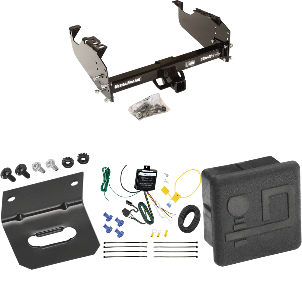 Fits 2007-2024 GMC Sierra 3500 HD Trailer Hitch Tow PKG w/ 4-Flat Wiring Harness + Hitch Cover + Wiring Bracket (For Cab & Chassis, w/34" Wide Frames Models) By Draw-Tite