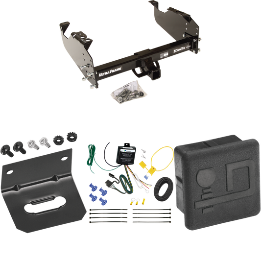 Fits 2007-2024 GMC Sierra 3500 HD Trailer Hitch Tow PKG w/ 4-Flat Wiring Harness + Hitch Cover + Wiring Bracket (For Cab & Chassis, w/34" Wide Frames Models) By Draw-Tite