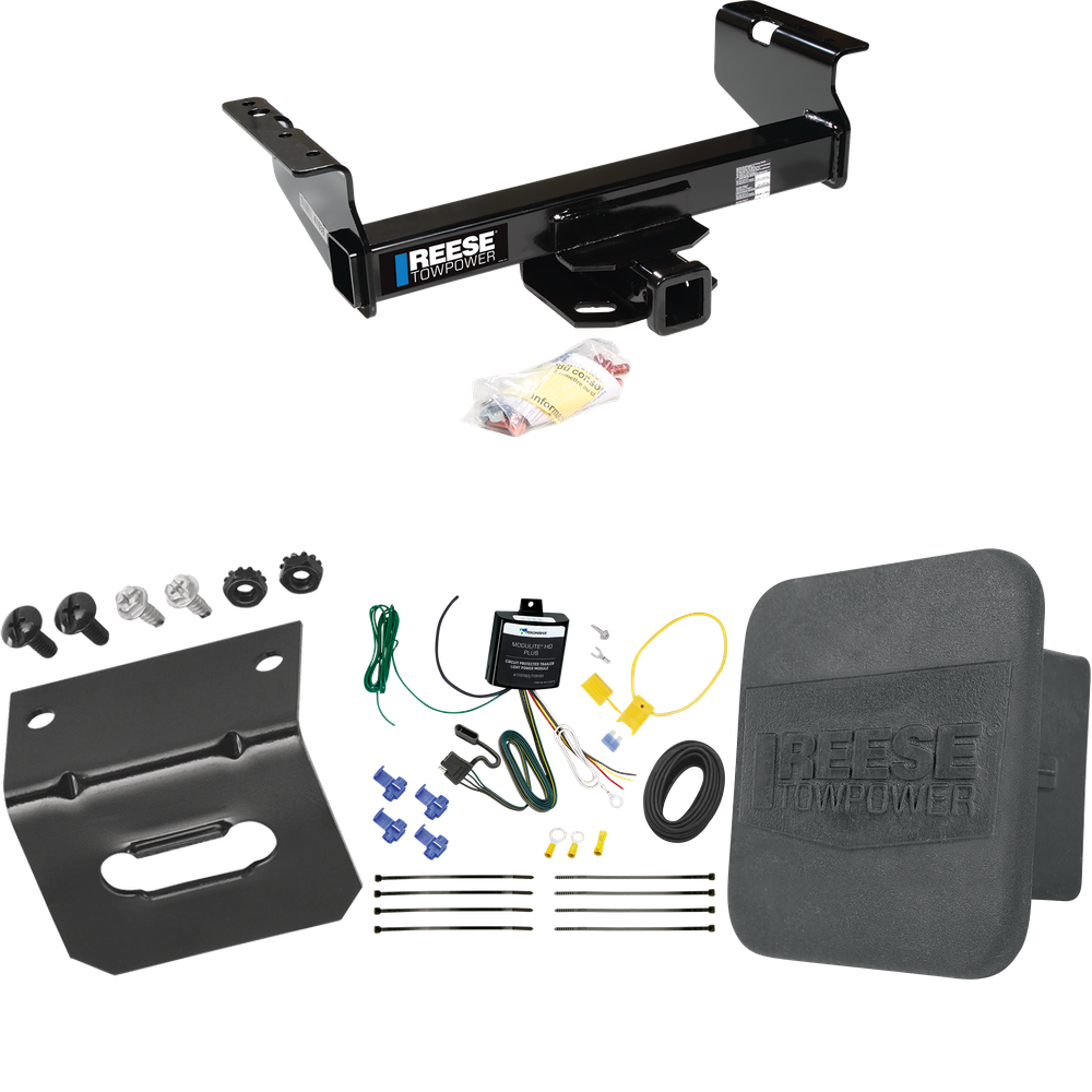 Fits 2007-2023 GMC Sierra 3500 HD Trailer Hitch Tow PKG w/ 4-Flat Wiring Harness + Hitch Cover + Wiring Bracket (For Cab & Chassis, w/34" Wide Frames Models) By Reese Towpower