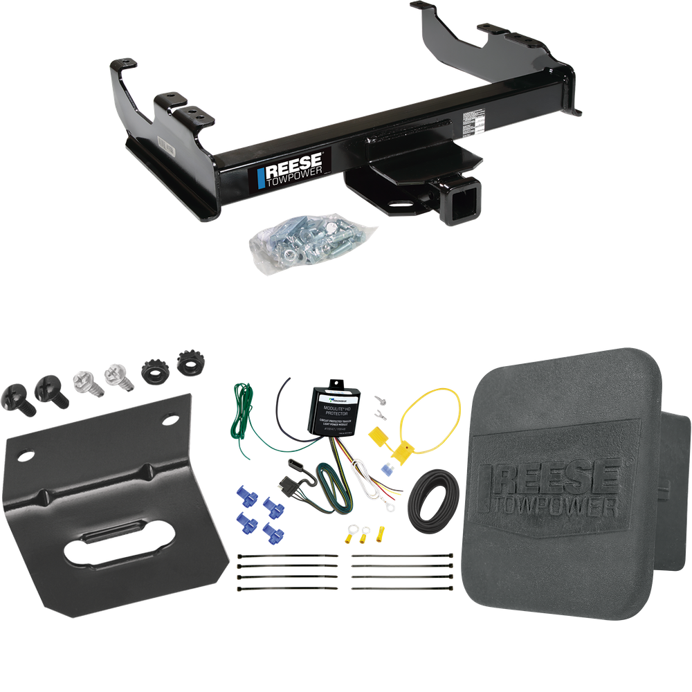 Fits 2007-2023 GMC Sierra 3500 HD Trailer Hitch Tow PKG w/ 4-Flat Wiring Harness + Hitch Cover + Wiring Bracket (For Cab & Chassis, w/34" Wide Frames Models) By Reese Towpower