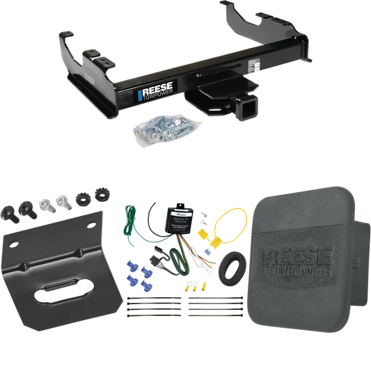 Fits 2007-2023 GMC Sierra 3500 HD Trailer Hitch Tow PKG w/ 4-Flat Wiring Harness + Hitch Cover + Wiring Bracket (For Cab & Chassis, w/34" Wide Frames Models) By Reese Towpower