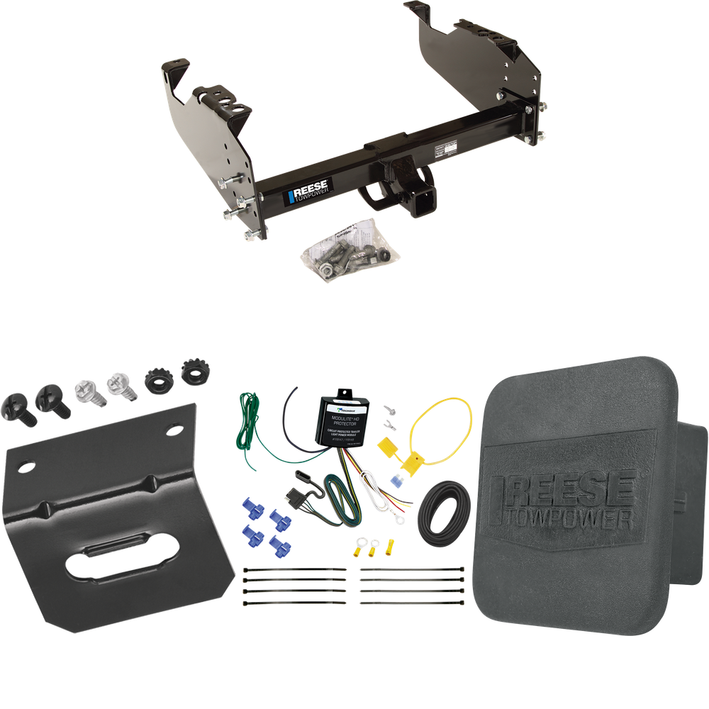 Fits 2007-2023 GMC Sierra 3500 HD Trailer Hitch Tow PKG w/ 4-Flat Wiring Harness + Hitch Cover + Wiring Bracket (For Cab & Chassis, w/34" Wide Frames Models) By Reese Towpower