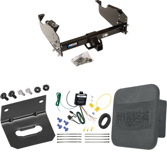 Fits 2007-2023 GMC Sierra 3500 HD Trailer Hitch Tow PKG w/ 4-Flat Wiring Harness + Hitch Cover + Wiring Bracket (For Cab & Chassis, w/34" Wide Frames Models) By Reese Towpower