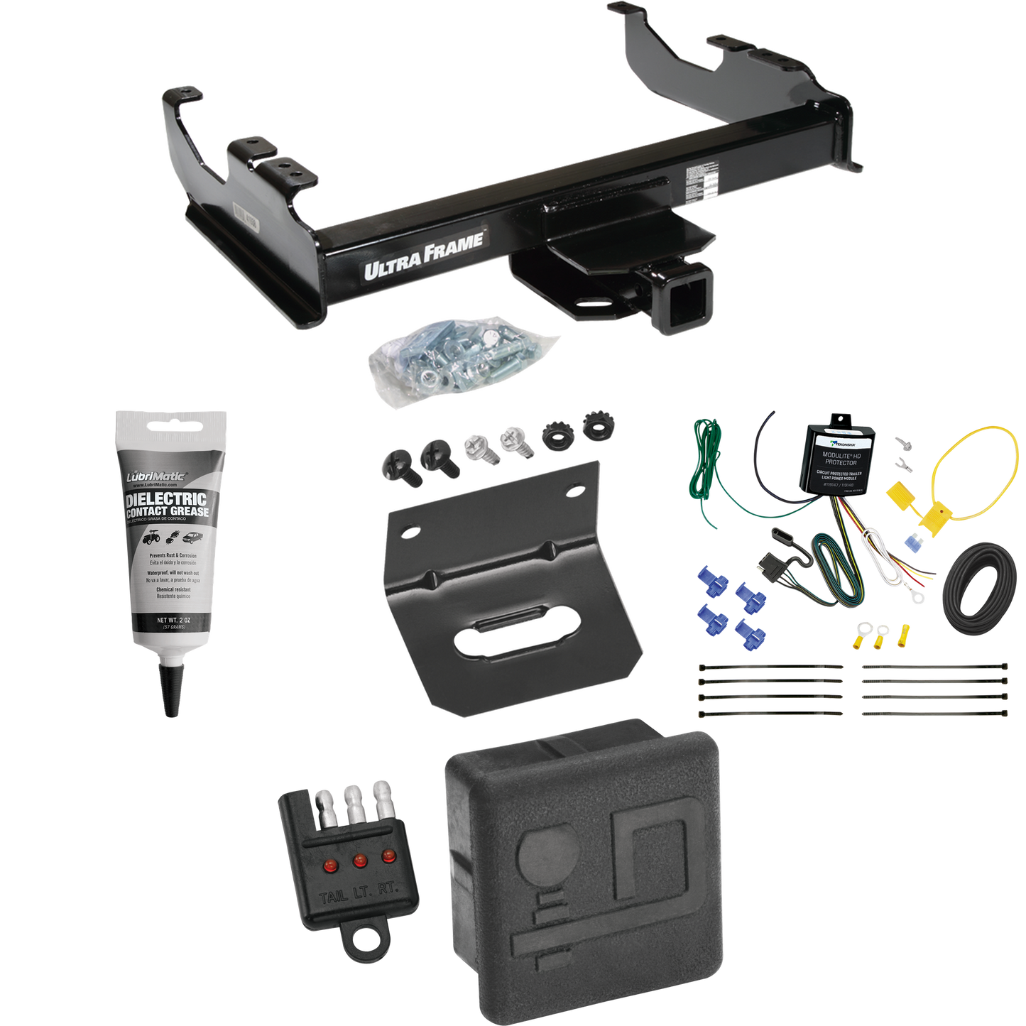 Fits 2007-2023 GMC Sierra 3500 HD Trailer Hitch Tow PKG w/ 4-Flat Wiring Harness + Hitch Cover + Wiring Bracket + Wiring Tester + Electric Grease (For Cab & Chassis, w/34" Wide Frames Models) By Draw-Tite