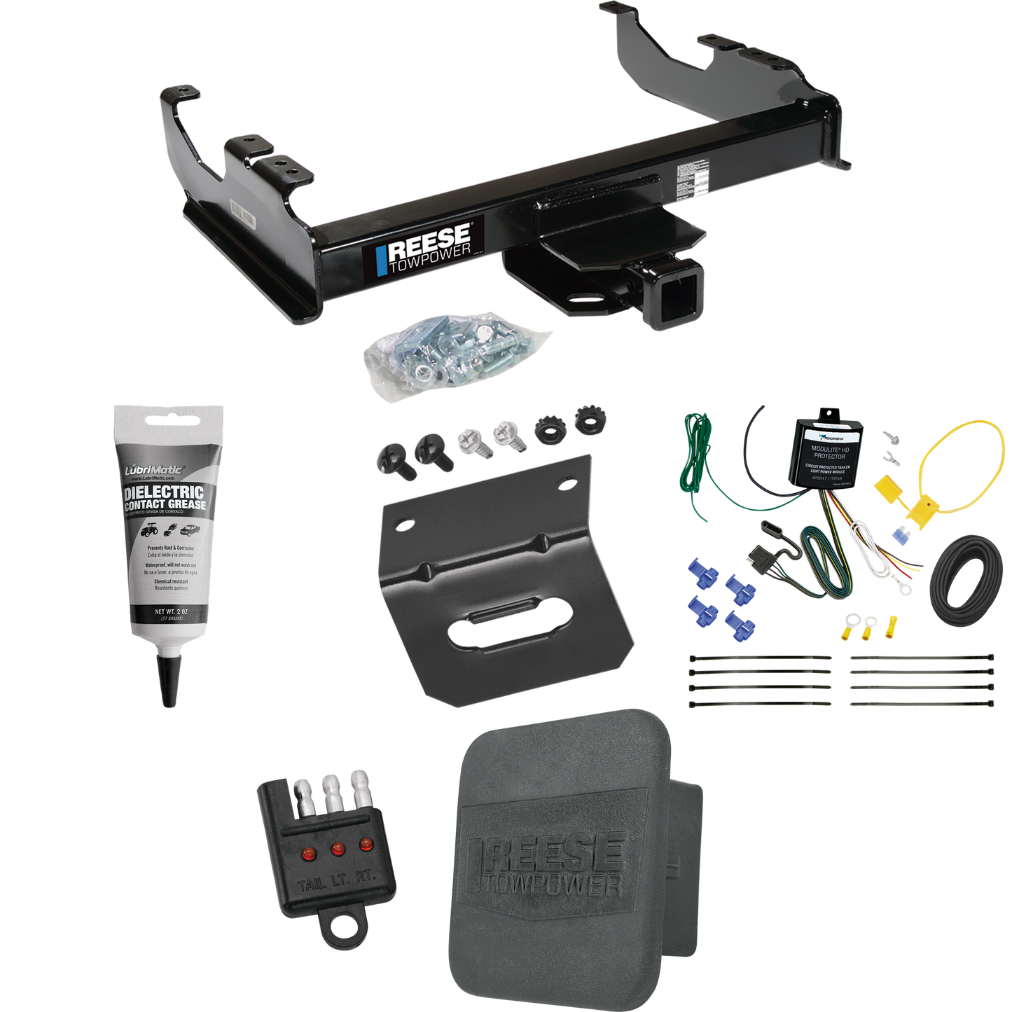 Fits 2001-2007 Chevrolet Silverado 3500 Trailer Hitch Tow PKG w/ 4-Flat Wiring Harness + Hitch Cover + Wiring Bracket + Wiring Tester + Electric Grease (For (Classic), Cab & Chassis, w/34" Wide Frames Models) By Reese Towpower