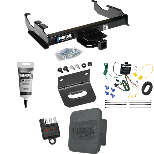 Fits 2001-2007 Chevrolet Silverado 3500 Trailer Hitch Tow PKG w/ 4-Flat Wiring Harness + Hitch Cover + Wiring Bracket + Wiring Tester + Electric Grease (For (Classic), Cab & Chassis, w/34" Wide Frames Models) By Reese Towpower