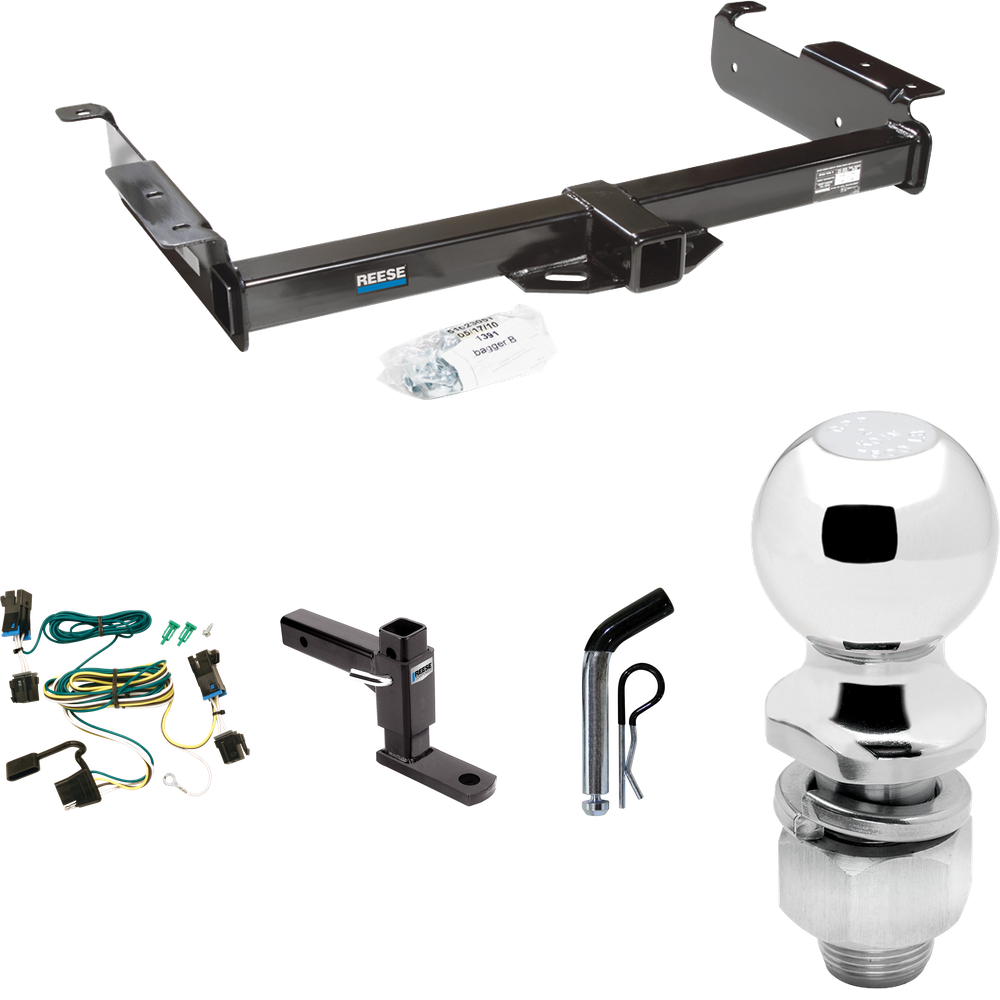 Fits 2003-2014 Chevrolet Express 1500 Trailer Hitch Tow PKG w/ 4-Flat Wiring Harness + Adjustable Drop Rise Ball Mount + Pin/Clip + 2" Ball By Reese Towpower