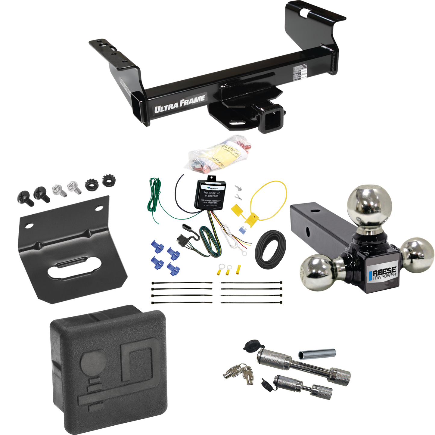 Fits 2007-2024 GMC Sierra 3500 HD Trailer Hitch Tow PKG w/ 4-Flat Wiring Harness + Triple Ball Ball Mount 1-7/8" & 2" & 2-5/16" Trailer Balls + Dual Hitch & Coupler Locks + Hitch Cover + Wiring Bracket (For Cab & Chassis, w/34" Wide Frames Models) By