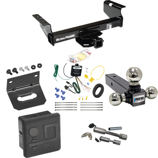 Fits 2007-2024 GMC Sierra 3500 HD Trailer Hitch Tow PKG w/ 4-Flat Wiring Harness + Triple Ball Ball Mount 1-7/8" & 2" & 2-5/16" Trailer Balls + Dual Hitch & Coupler Locks + Hitch Cover + Wiring Bracket (For Cab & Chassis, w/34" Wide Frames Models) By