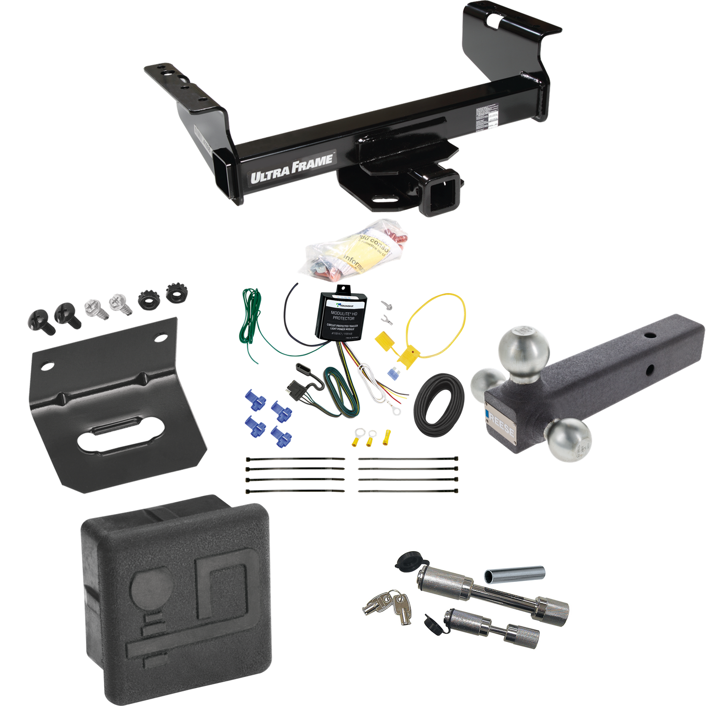 Fits 2007-2024 GMC Sierra 3500 HD Trailer Hitch Tow PKG w/ 4-Flat Wiring Harness + Triple Ball Ball Mount 1-7/8" & 2" & 2-5/16" Trailer Balls + Dual Hitch & Coupler Locks + Hitch Cover + Wiring Bracket (For Cab & Chassis, w/34" Wide Frames Models) By