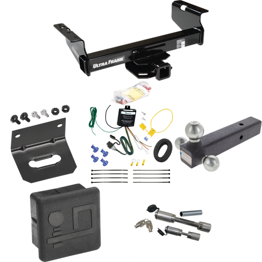 Fits 2007-2024 GMC Sierra 3500 HD Trailer Hitch Tow PKG w/ 4-Flat Wiring Harness + Triple Ball Ball Mount 1-7/8" & 2" & 2-5/16" Trailer Balls + Dual Hitch & Coupler Locks + Hitch Cover + Wiring Bracket (For Cab & Chassis, w/34" Wide Frames Models) By