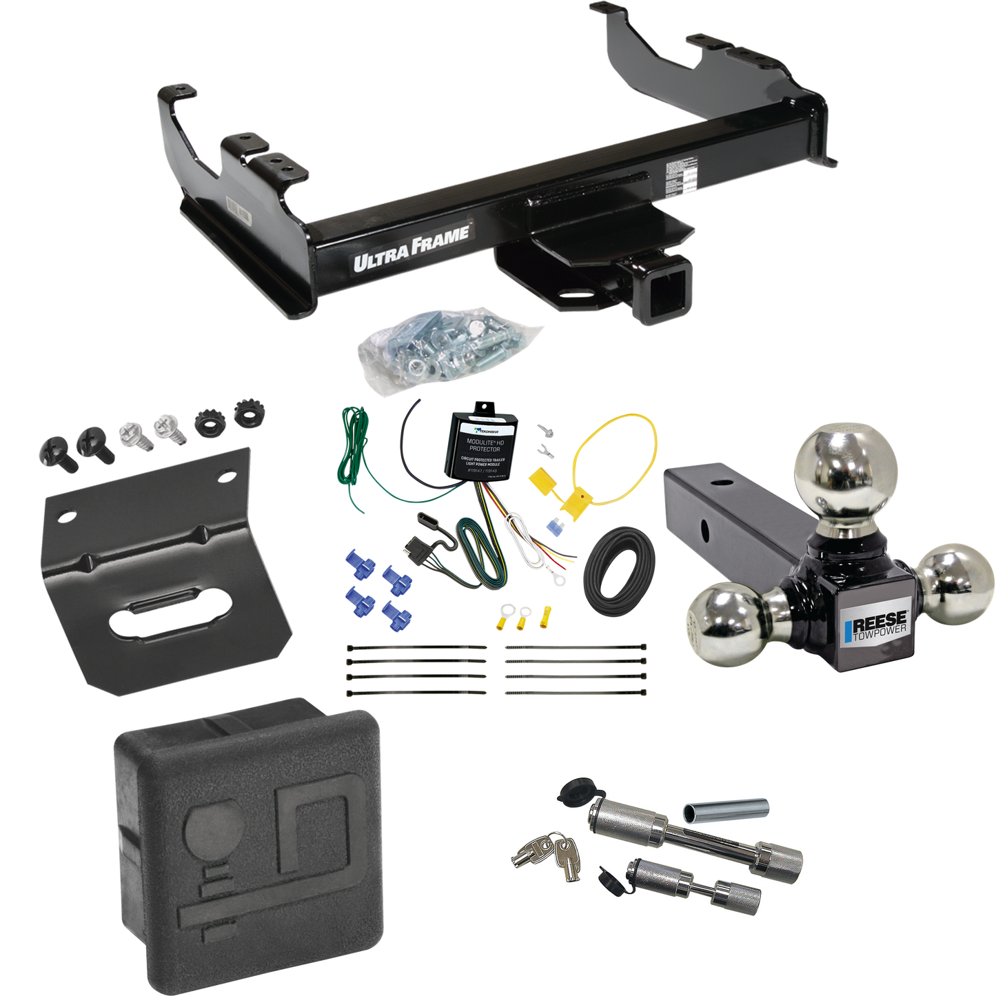 Fits 2007-2023 GMC Sierra 3500 HD Trailer Hitch Tow PKG w/ 4-Flat Wiring Harness + Triple Ball Ball Mount 1-7/8" & 2" & 2-5/16" Trailer Balls + Dual Hitch & Coupler Locks + Hitch Cover + Wiring Bracket (For Cab & Chassis, w/34" Wide Frames Models) By