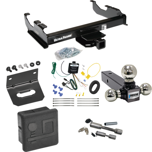 Fits 2007-2023 GMC Sierra 3500 HD Trailer Hitch Tow PKG w/ 4-Flat Wiring Harness + Triple Ball Ball Mount 1-7/8" & 2" & 2-5/16" Trailer Balls + Dual Hitch & Coupler Locks + Hitch Cover + Wiring Bracket (For Cab & Chassis, w/34" Wide Frames Models) By