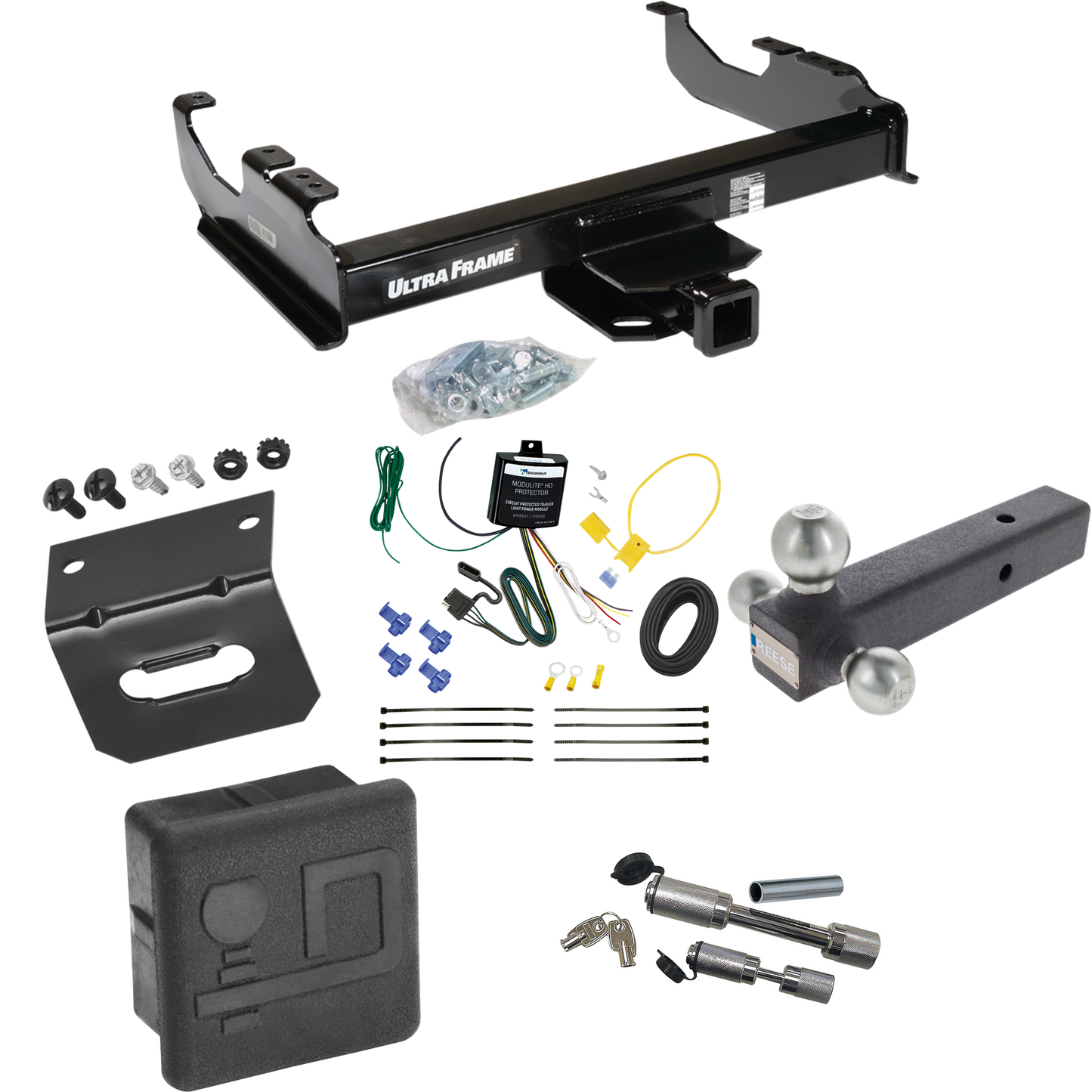 Fits 2007-2023 GMC Sierra 3500 HD Trailer Hitch Tow PKG w/ 4-Flat Wiring Harness + Triple Ball Ball Mount 1-7/8" & 2" & 2-5/16" Trailer Balls + Dual Hitch & Coupler Locks + Hitch Cover + Wiring Bracket (For Cab & Chassis, w/34" Wide Frames Models) By