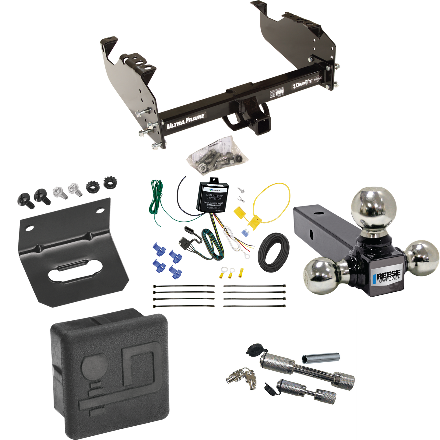 Fits 2007-2024 GMC Sierra 3500 HD Trailer Hitch Tow PKG w/ 4-Flat Wiring Harness + Triple Ball Ball Mount 1-7/8" & 2" & 2-5/16" Trailer Balls + Dual Hitch & Coupler Locks + Hitch Cover + Wiring Bracket (For Cab & Chassis, w/34" Wide Frames Models) By