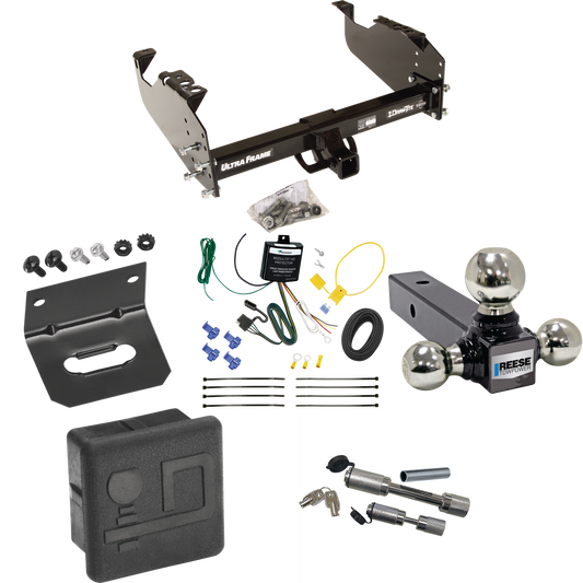 Fits 2007-2024 GMC Sierra 3500 HD Trailer Hitch Tow PKG w/ 4-Flat Wiring Harness + Triple Ball Ball Mount 1-7/8" & 2" & 2-5/16" Trailer Balls + Dual Hitch & Coupler Locks + Hitch Cover + Wiring Bracket (For Cab & Chassis, w/34" Wide Frames Models) By