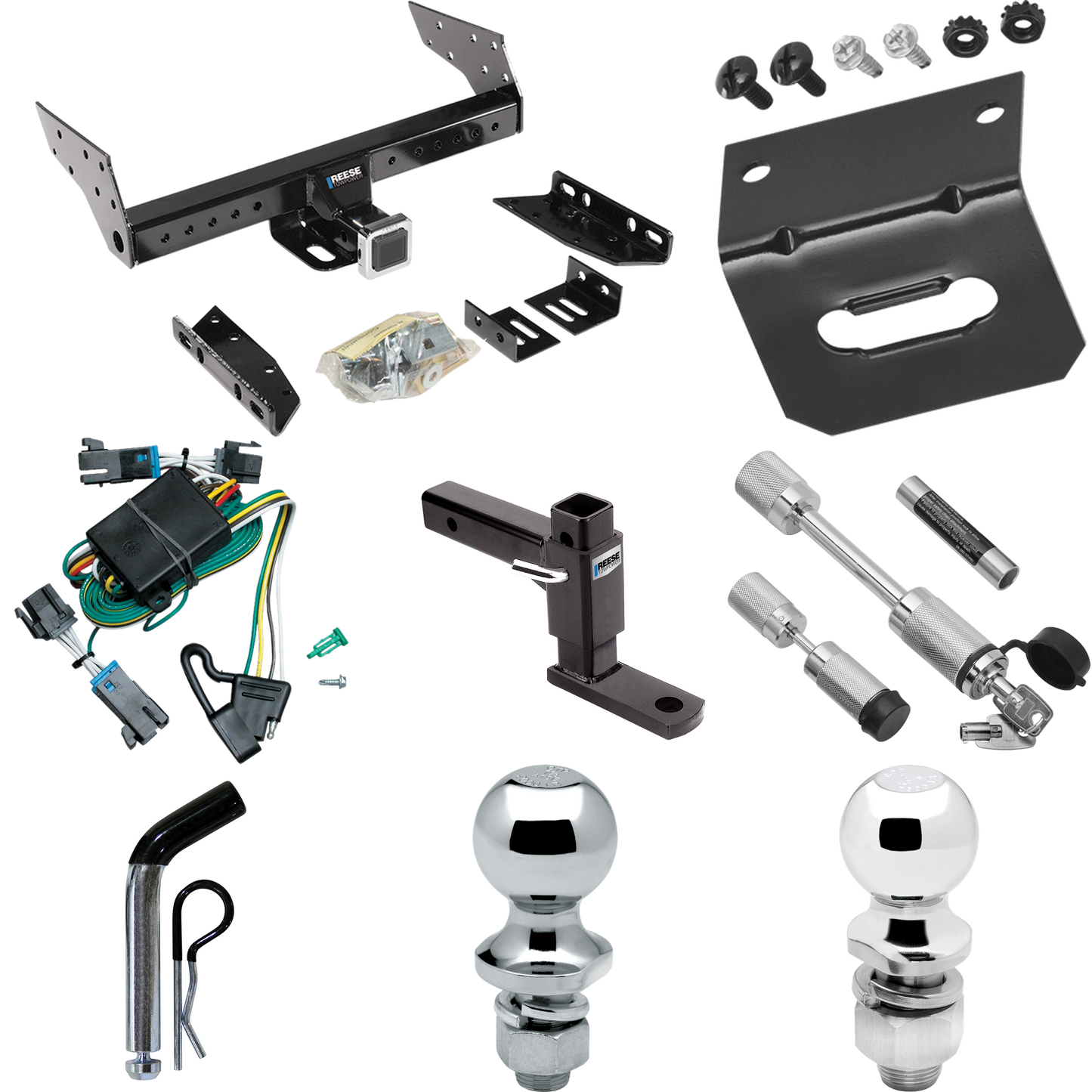 Fits 2000-2002 Chevrolet Express 3500 Trailer Hitch Tow PKG w/ 4-Flat Wiring Harness + Adjustable Drop Rise Ball Mount + Pin/Clip + 2" Ball + 1-7/8" Ball + Dual Hitch & Coupler Locks By Reese Towpower