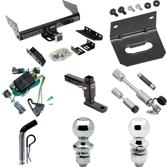 Fits 2000-2002 Chevrolet Express 3500 Trailer Hitch Tow PKG w/ 4-Flat Wiring Harness + Adjustable Drop Rise Ball Mount + Pin/Clip + 2" Ball + 1-7/8" Ball + Dual Hitch & Coupler Locks By Reese Towpower