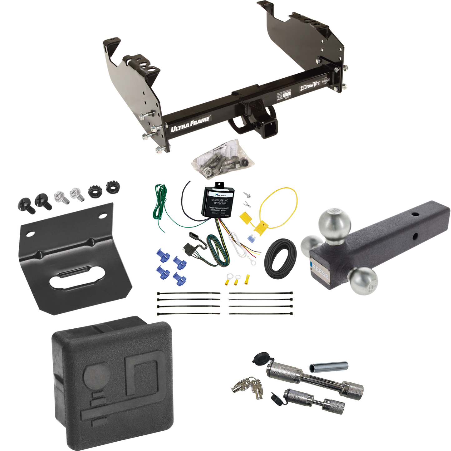 Fits 2007-2024 GMC Sierra 3500 HD Trailer Hitch Tow PKG w/ 4-Flat Wiring Harness + Triple Ball Ball Mount 1-7/8" & 2" & 2-5/16" Trailer Balls + Dual Hitch & Coupler Locks + Hitch Cover + Wiring Bracket (For Cab & Chassis, w/34" Wide Frames Models) By